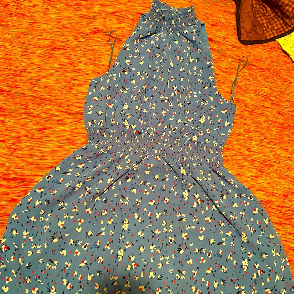 Blue dress with pink and light blue flowers